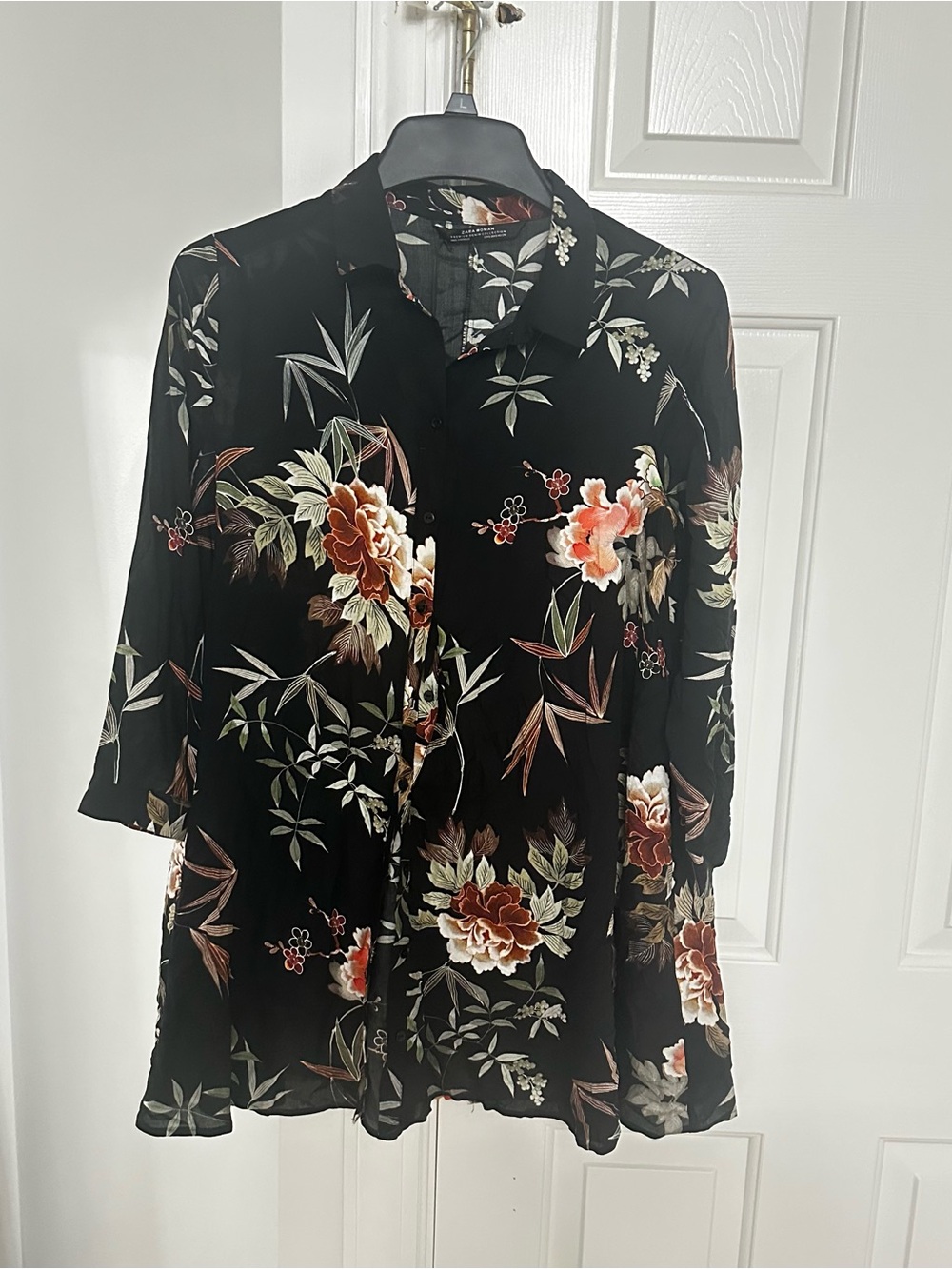 Zara Black Button-Front Floral Shirt with Coral & Olive Accents